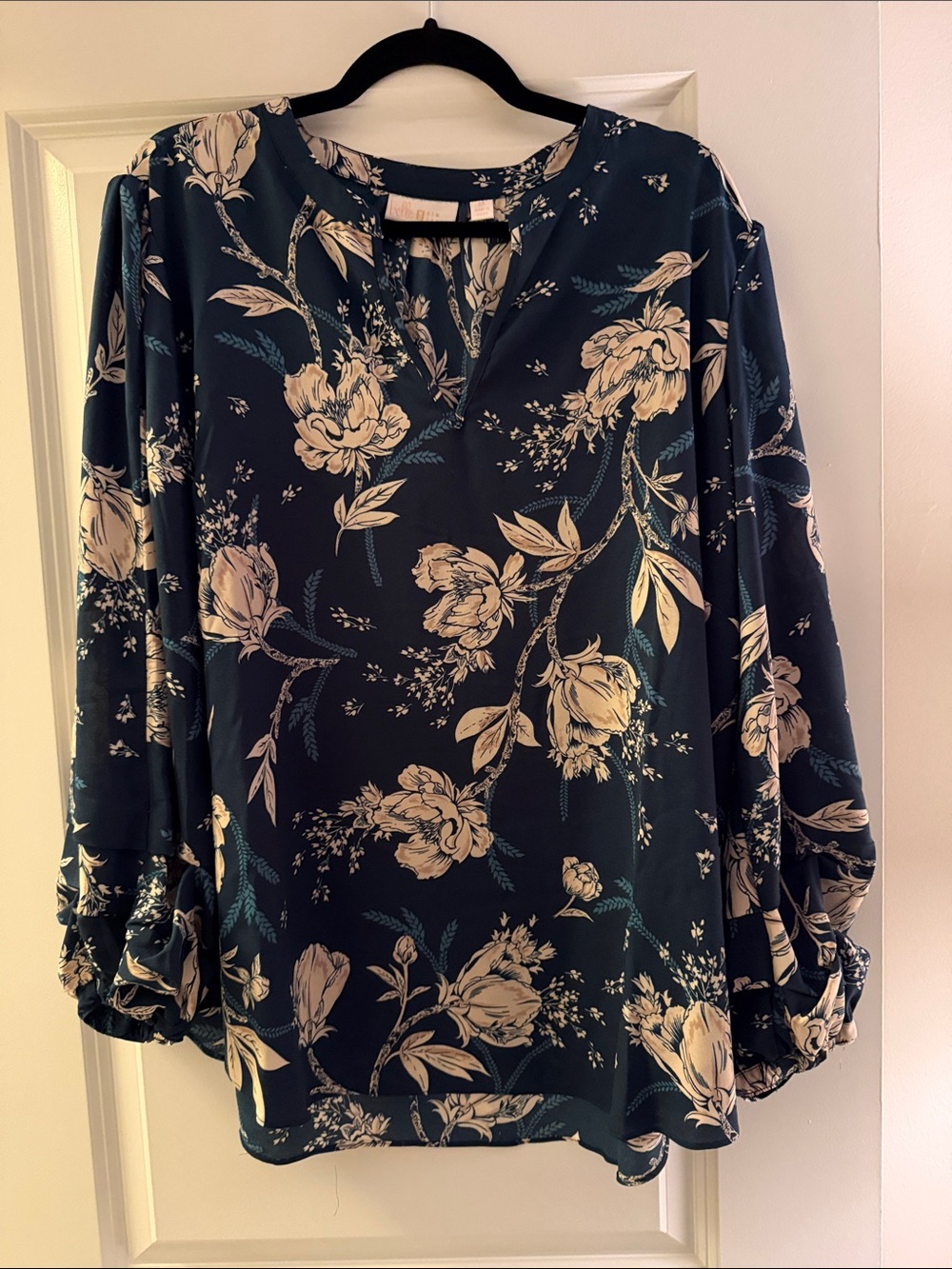 Belle by Kim Gravel Dark Teal Floral V-Neck Long Sleeve Blouse